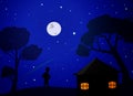 A Peacefull Night, With Starry Sky, Full moon, Tree, Small House, And A Silhouette Man Standing.