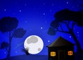 A Peacefull Starry Night With, Moon, Tree, Small House, And Star, On Landscapes Background.