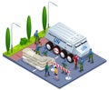 Peacekeepers Blue Helmets checks documents of citizens in roadblock Illustration isometric icons on isolated background