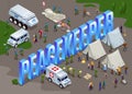 Peacekeepers United Nations and isometric word Peacekeeper.Blue Helmets deli isometric icons on isolated background