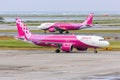 Peach Airbus A320 airplanes at Okinawa Naha Airport in Japan