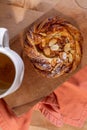 Peach and almond baked pastry danish breakfast spread with tea