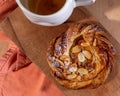 Peach and almond baked pastry danish breakfast spread with tea