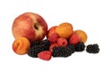 Peach, apricot, BlackBerry and raspberry isolated on white background Royalty Free Stock Photo