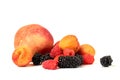 Peach, apricot, BlackBerry and raspberry isolated on white background Royalty Free Stock Photo