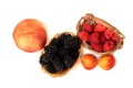 Peach, apricot, BlackBerry and raspberry isolated on white background Royalty Free Stock Photo