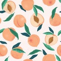 Peach or apricot seamless pattern. Hand drawn fruit and sliced pieces. Summer tropical endless background. Vector fruit