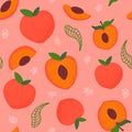 Peach or apricot seamless pattern on pink background with flower hand drawn elements, summer fruit ornate Royalty Free Stock Photo