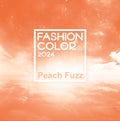 Peach background with clouds and label. Fashion color of 2024 year. Banner for article and design