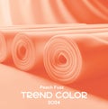 Peach background of textiles with label. Fashion color of 2024 year. Banner for article and design