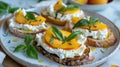 Peach Basil Ricotta Toasts on Ceramic Plate