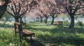 the peach blossom season in a park adorned with simple and natural wooden benches, nestled under the blooming peach Royalty Free Stock Photo