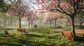 the peach blossom season in a park adorned with simple and natural wooden benches, nestled under the blooming peach Royalty Free Stock Photo