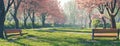 the peach blossom season in a park adorned with simple and natural wooden benches, nestled under the blooming peach Royalty Free Stock Photo