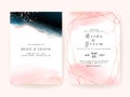 Peach and blue watercolor wedding invitation card template set with geometric gold line decoration. Abstract background save the