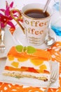 Peach cake with jelly and coffee