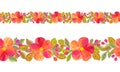 Peach and chaenomeles japonica flowers with leaves and buds seamless border. Acrylic illustration.