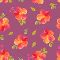 Peach and chaenomeles japonica flowers with leaves and buds seamless pattern. Acrylic illustration for your design..