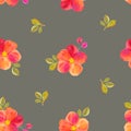 Peach and chaenomeles japonica flowers with leaves and buds seamless pattern. Acrylic illustration for your design..