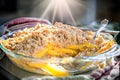 Peach cobbler in baking dish, sunlight catching edges, kitchen wall clear for dessert slogan Royalty Free Stock Photo
