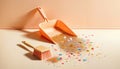 Peach color Dustpan with Colorful Confetti on Floor. Mess and Cleaning after New Year Party