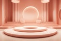 Peach color podium with lighting, stand to show products background. Minimal abstract stage with circle platform in studio.