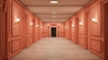 Peach colored hotel hallway with multiple doors and polished floor. Ideal for hotel design, luxury apartment complexes