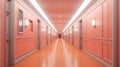 Peach colored hotel hallway with multiple doors and polished floor. Ideal for hotel design, luxury apartment complexes