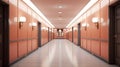 Peach colored hotel hallway with multiple doors and polished floor. Perfect for hotel design, luxury apartment complexes