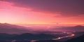 Peach colored sunrise over the mountains. Beautiful landscape. Panoramic view, romantic background