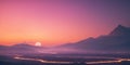 Peach colored sunrise over the mountains. Beautiful landscape. Panoramic view, romantic background
