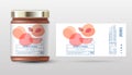 Peach confiture. Sweet jam. Transparent slices, halves and cut fruits. Label and packaging simple design.