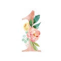 Peach Cream Blush Floral Number - digit 1 with flowers bouquet composition