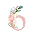 Peach Cream Blush Floral Number - digit 6 with flowers bouquet composition Royalty Free Stock Photo