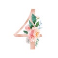 Peach Cream Blush Floral Number - digit 4 with flowers bouquet composition Royalty Free Stock Photo