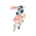 Peach Cream Blush Floral Number - digit 7 with flowers bouquet composition Royalty Free Stock Photo