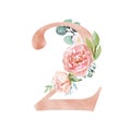 Peach Cream Blush Floral Number - digit 2 with flowers bouquet composition Royalty Free Stock Photo