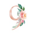 Peach Cream Blush Floral Number - digit 9 with flowers bouquet composition Royalty Free Stock Photo