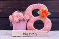 Peach eight, flowers, word March