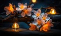 Peach flowers and candle on wooden background. Selective focus