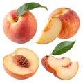 Peach fruit cut-out element set isolated on transparent background Royalty Free Stock Photo