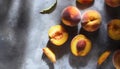 Peach fruits still life on dark grunge background