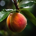 peach fruits tree and bee and butterfly take nectar on fruits tree and berries, dew drops on branch in gardens