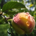 peach fruits tree and bee and butterfly take nectar on fruits tree and berries, dew drops on branch in gardens