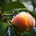 peach fruits tree and bee and butterfly take nectar on fruits tree and berries, dew drops on branch in gardens