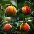 peach fruits tree and bee and butterfly take nectar on fruits tree and berries, dew drops on branch in gardens