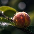 peach fruits tree and bee and butterfly take nectar on fruits tree and berries, dew drops on branch in gardens