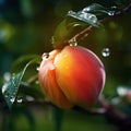 peach fruits tree and bee and butterfly take nectar on fruits tree and berries, dew drops on branch in gardens