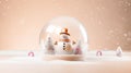 Peach Fuzz Christmas snow globe with cute snowman. Magical snow globe with wintry scene on background. Peach Fuzz color Royalty Free Stock Photo