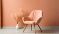 Peach colored armchairs on wooden floor near peach colored wall. Color of the year 2024